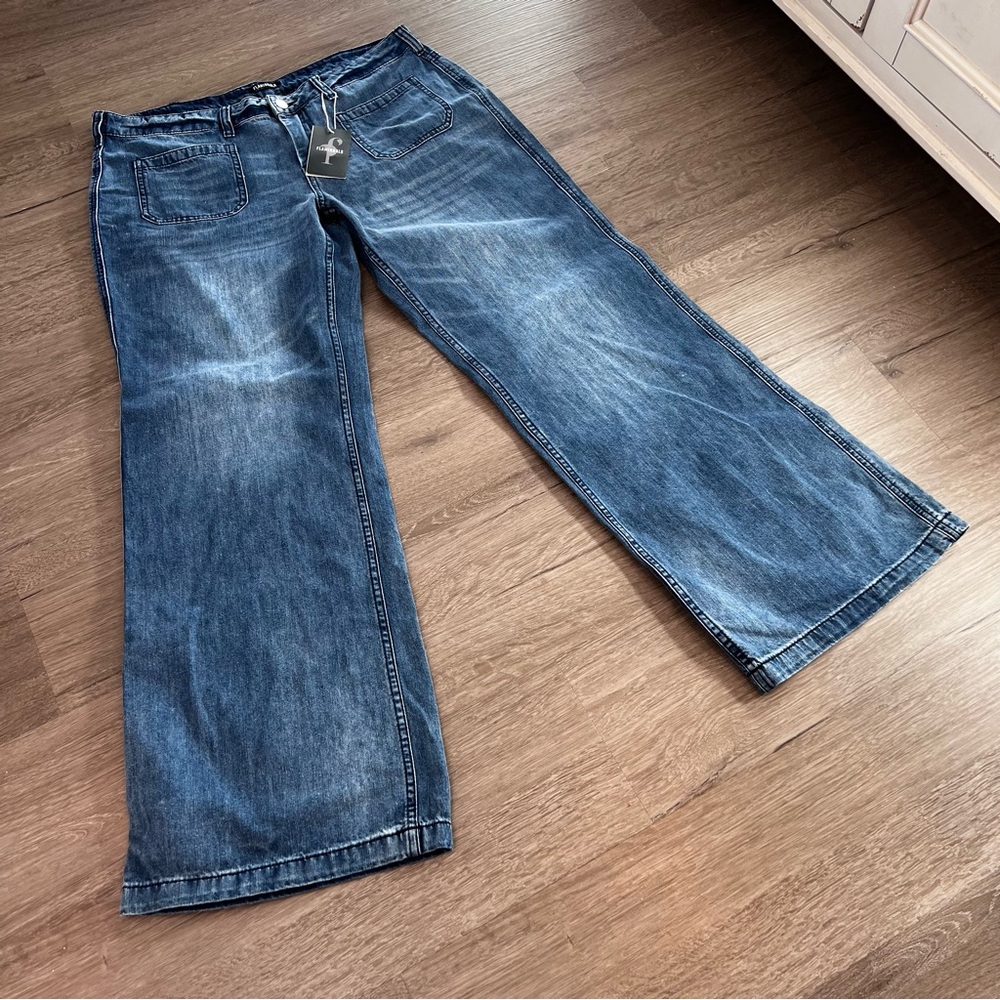 High Rise Wide Leg Jeans XL Patch Pocket Stretch Denim 90s Sailor NWT - Picture 10 of 17